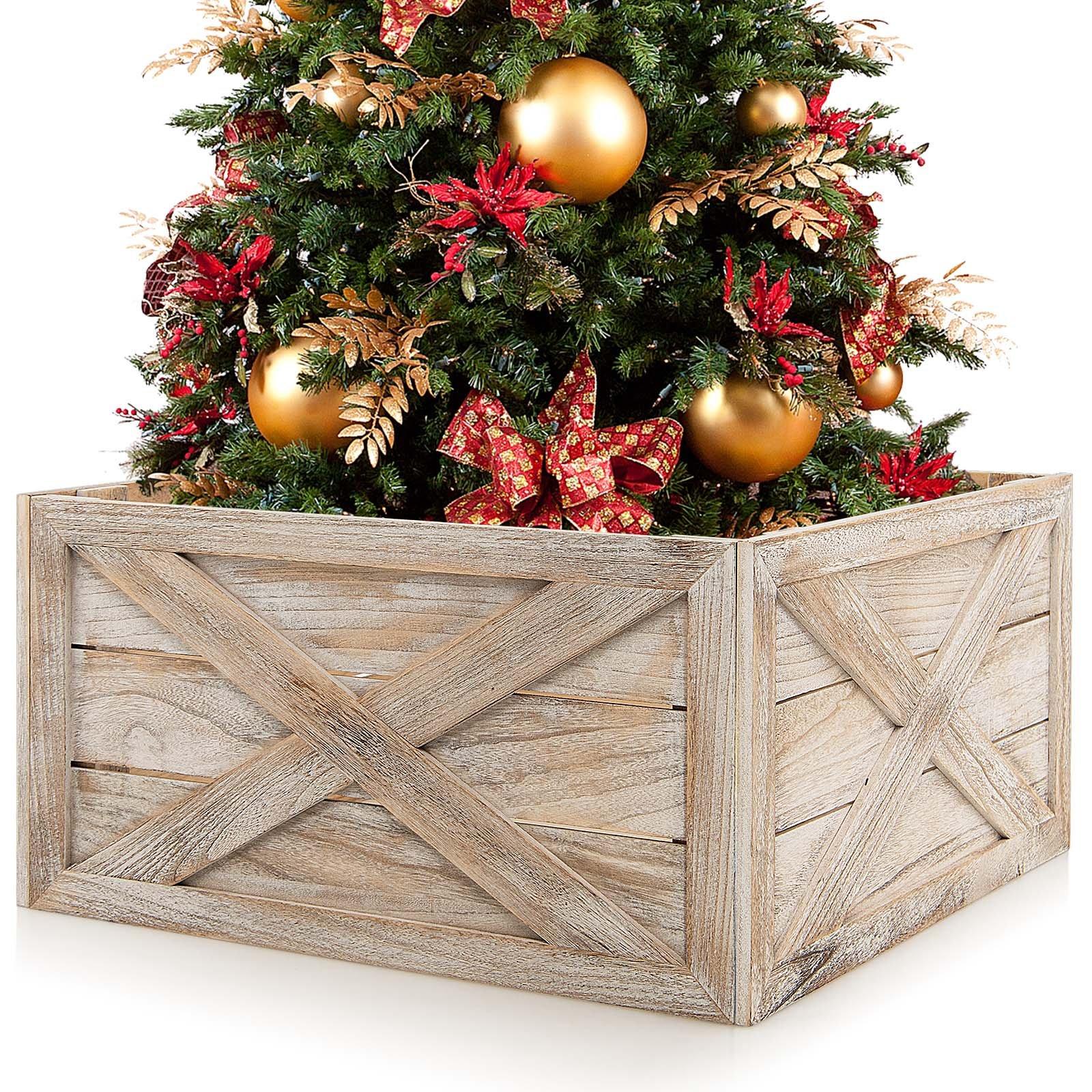 Vintage Christmas Tree Collar Box  100% Solid Wood Wooden Tree Box Stand Cover W/ Hook & Loop Fasten